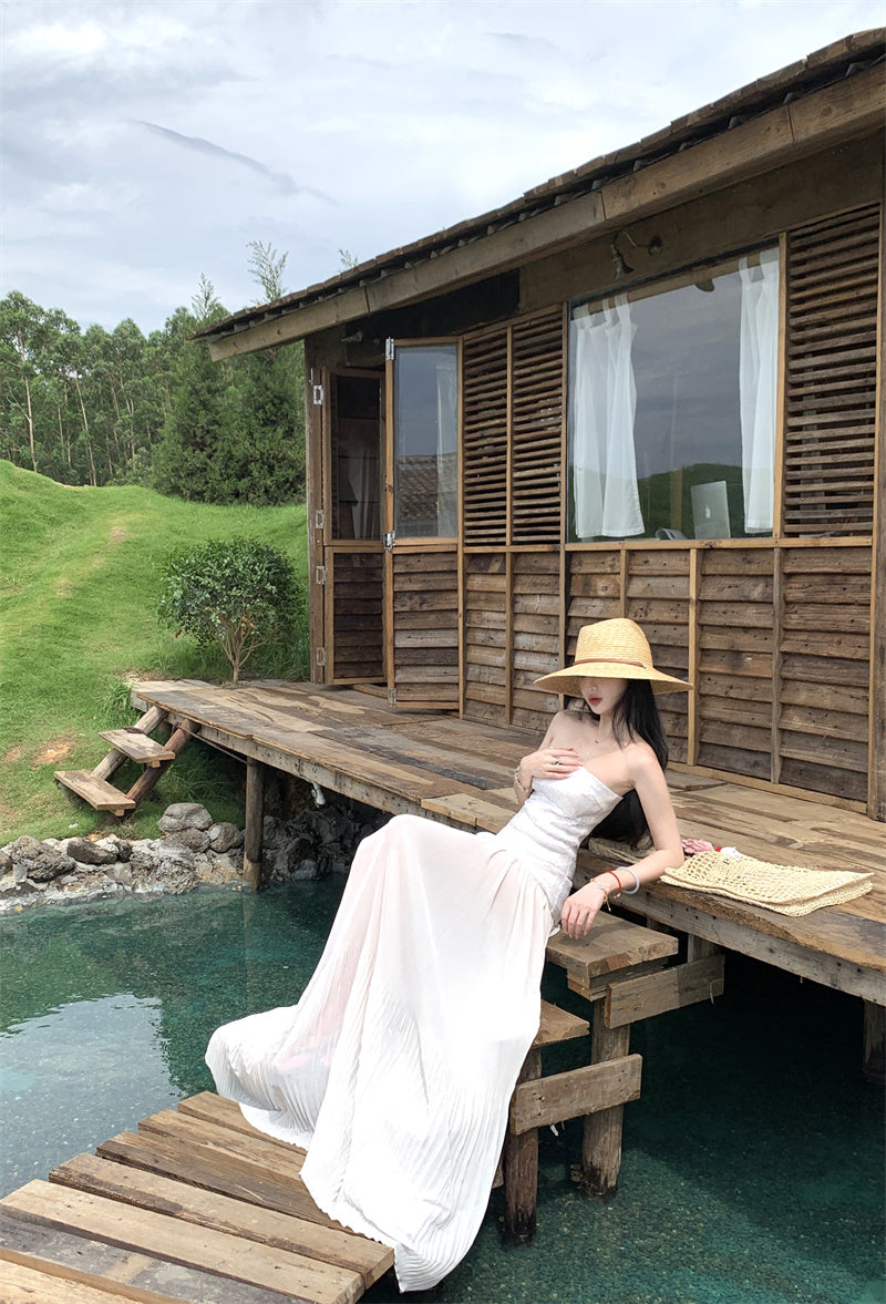 Sheen Strapless A-Line White Maxi Dresses Glittering Sequins Splicing Tulle Long Dress AP3352