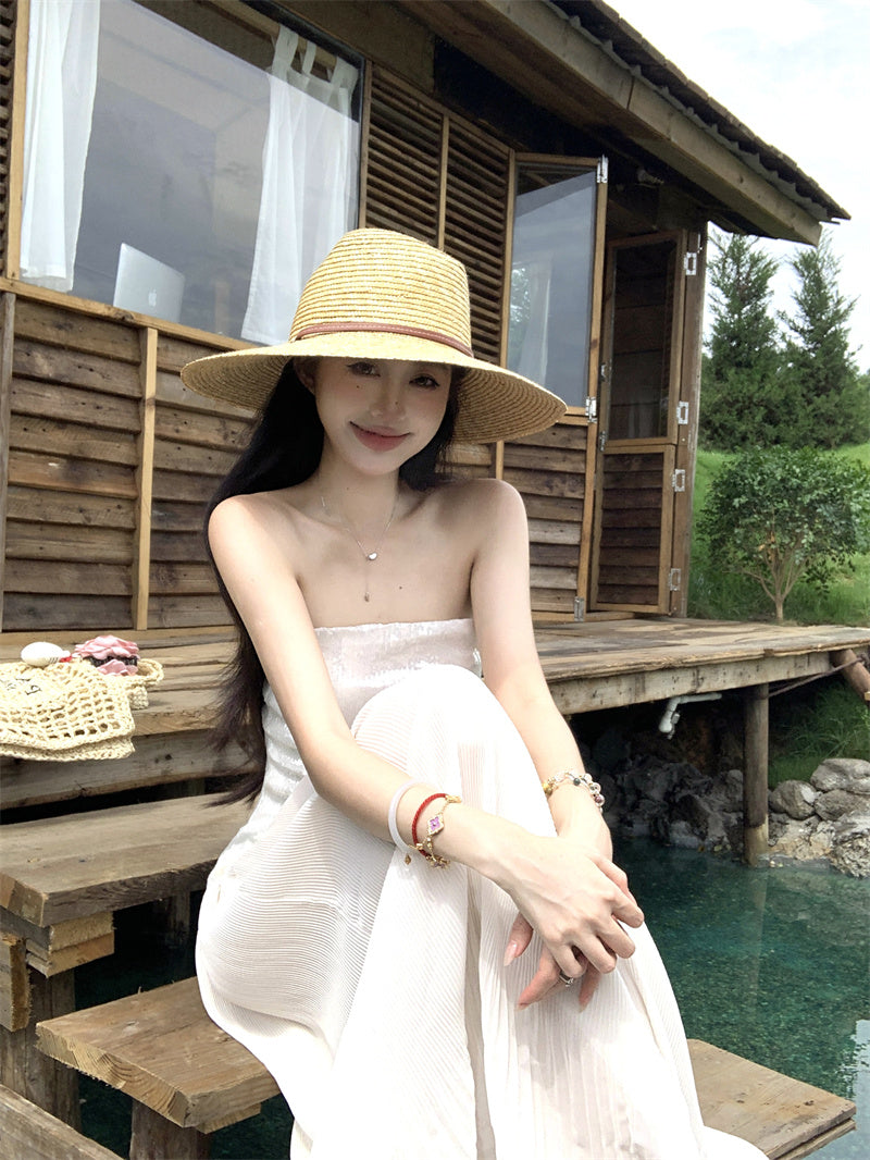 Sheen Strapless A-Line White Maxi Dresses Glittering Sequins Splicing Tulle Long Dress AP3352