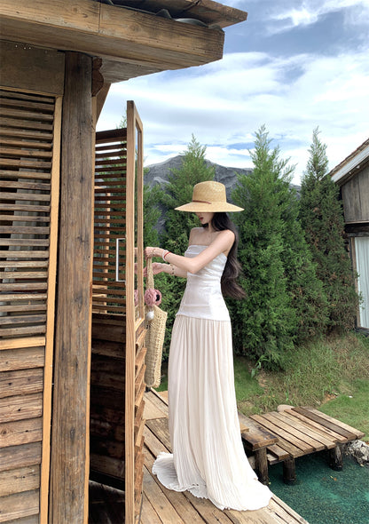 Sheen Strapless A-Line White Maxi Dresses Glittering Sequins Splicing Tulle Long Dress AP3352