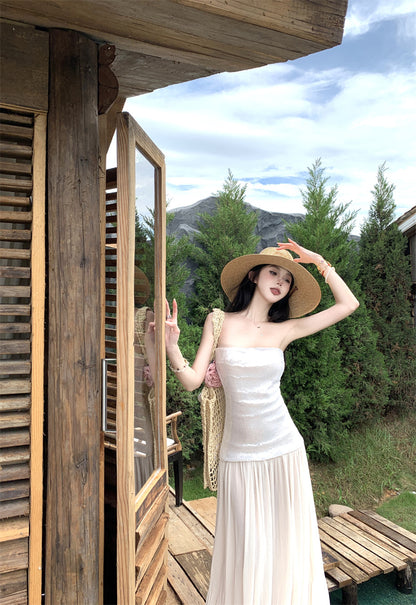 Sheen Strapless A-Line White Maxi Dresses Glittering Sequins Splicing Tulle Long Dress AP3352