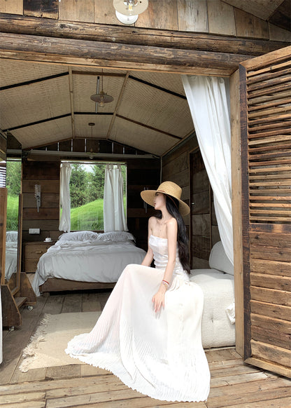 Sheen Strapless A-Line White Maxi Dresses Glittering Sequins Splicing Tulle Long Dress AP3352