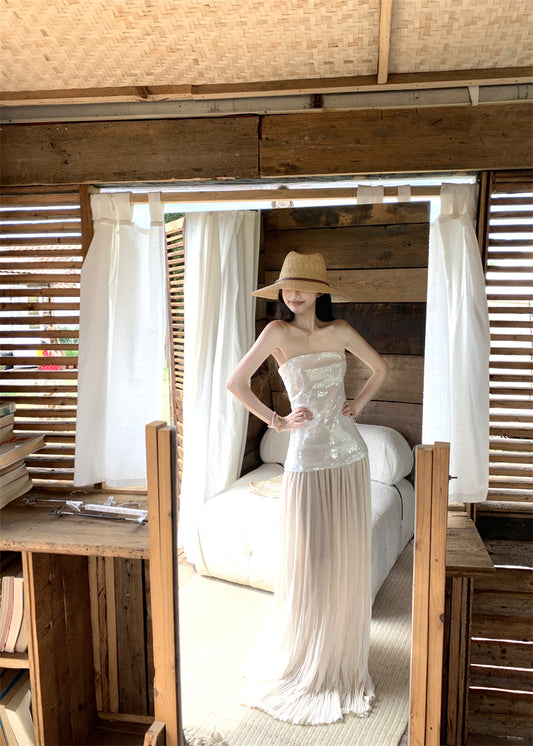 Sheen Strapless A-Line White Maxi Dresses Glittering Sequins Splicing Tulle Long Dress AP3352