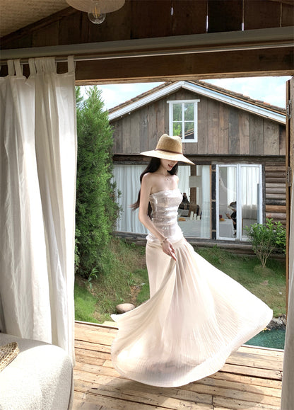 Sheen Strapless A-Line White Maxi Dresses Glittering Sequins Splicing Tulle Long Dress AP3352