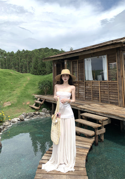 Sheen Strapless A-Line White Maxi Dresses Glittering Sequins Splicing Tulle Long Dress AP3352