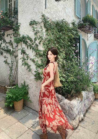 Glam Spaghetti Strap A-Line Floral Maxi Dress Dopamine Style Asymmetric Ruffled Hem Long Dress AP3353