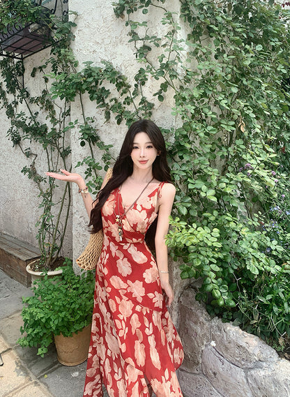 Glam Spaghetti Strap A-Line Floral Maxi Dress Dopamine Style Asymmetric Ruffled Hem Long Dress AP3353