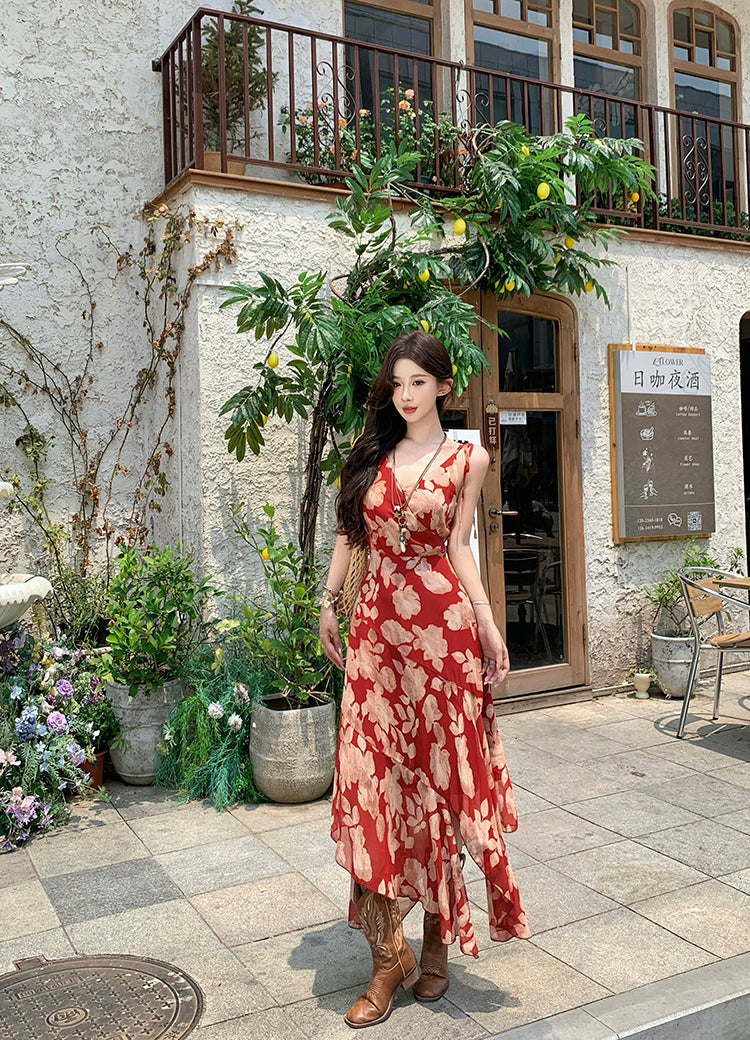 Glam Spaghetti Strap A-Line Floral Maxi Dress Dopamine Style Asymmetric Ruffled Hem Long Dress AP3353