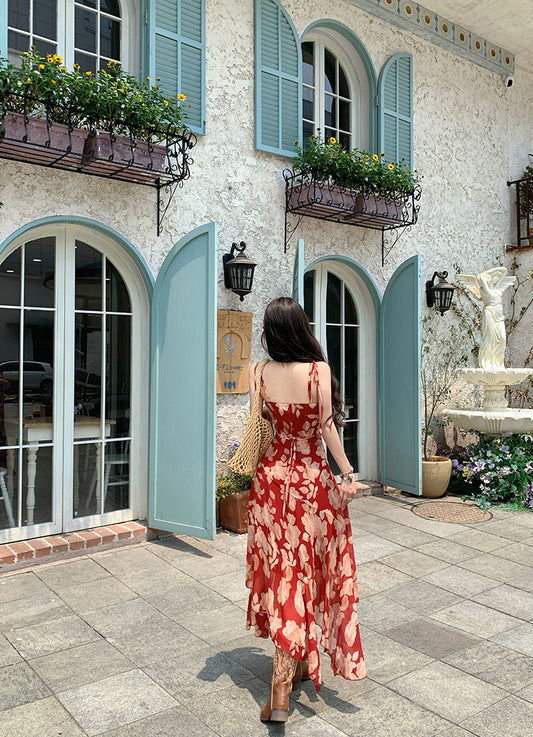 Glam Spaghetti Strap A-Line Floral Maxi Dress Dopamine Style Asymmetric Ruffled Hem Long Dress AP3353