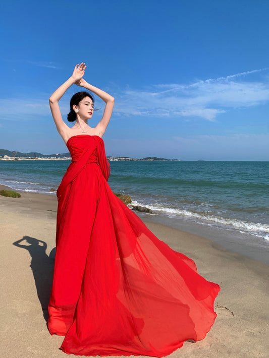 Glamorous Strapless A-Line Cinched Waist Maxi Dresses Charming Red Loose Fit High Slit Long Dress AP3354