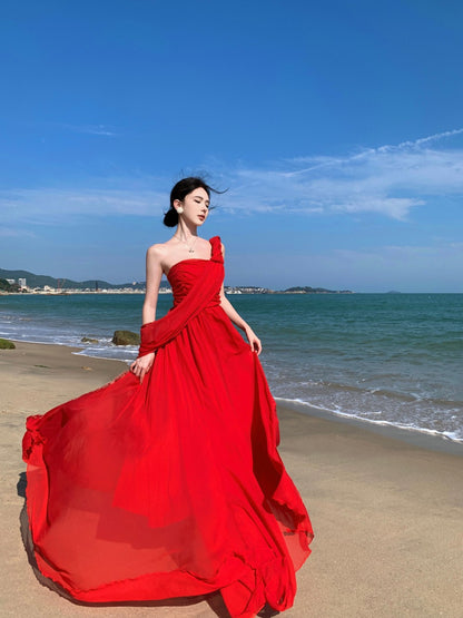 Glamorous Strapless A-Line Cinched Waist Maxi Dresses Charming Red Loose Fit High Slit Long Dress AP3354