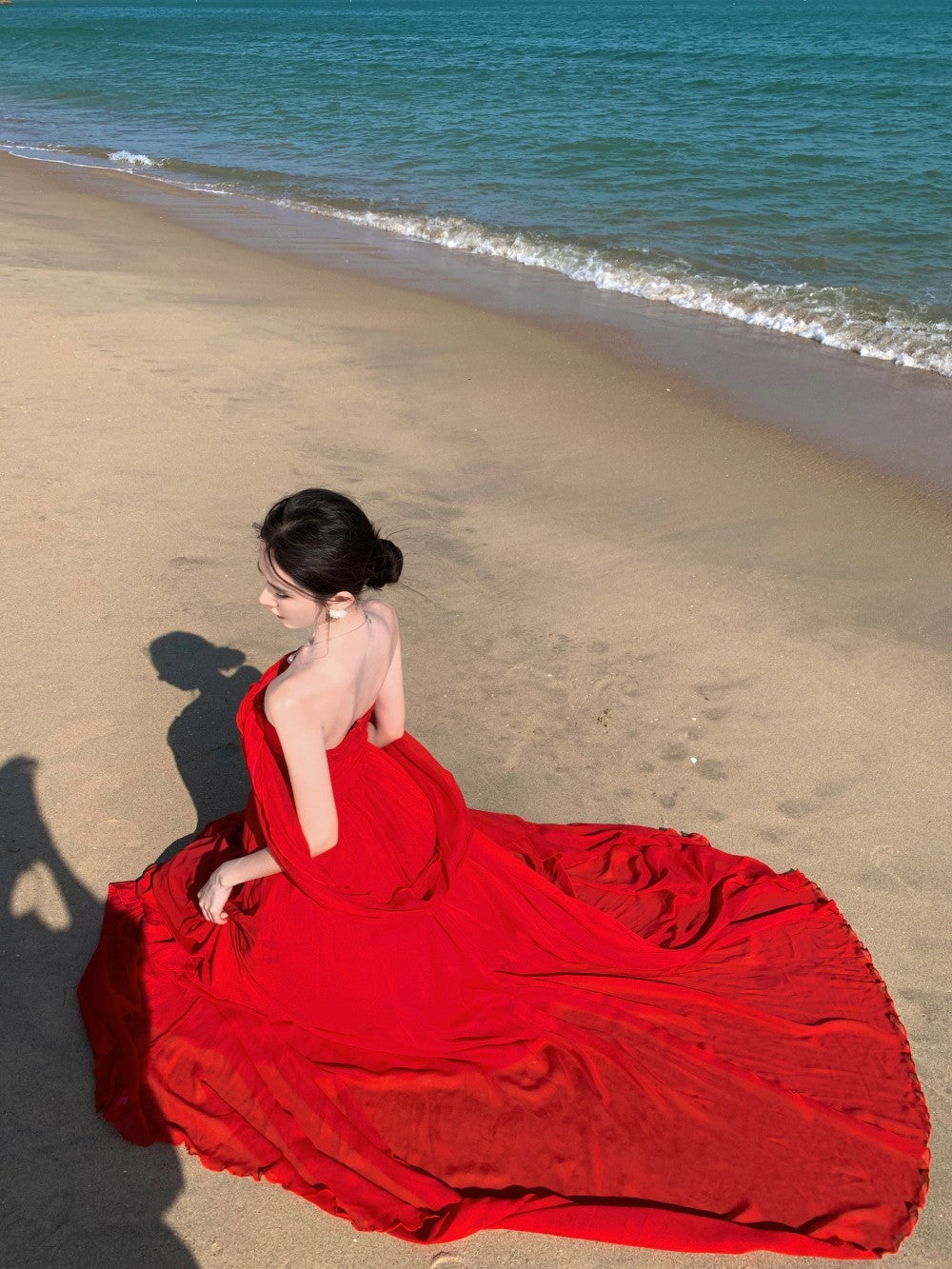 Glamorous Strapless A-Line Cinched Waist Maxi Dresses Charming Red Loose Fit High Slit Long Dress AP3354