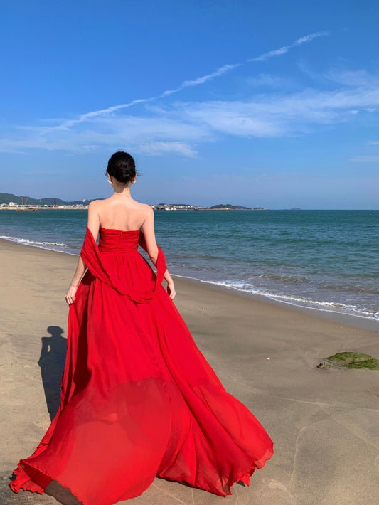 Glamorous Strapless A-Line Cinched Waist Maxi Dresses Charming Red Loose Fit High Slit Long Dress AP3354