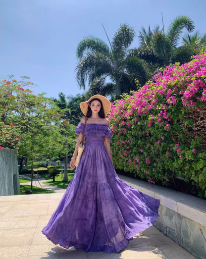 French Style Off-Shoulder Beach Vacations Maxi Dresses Dramatic Purple Tie-Dye Tiered Ruffles Long Dress AP3355
