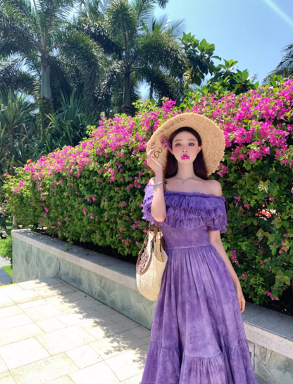 French Style Off-Shoulder Beach Vacations Maxi Dresses Dramatic Purple Tie-Dye Tiered Ruffles Long Dress AP3355