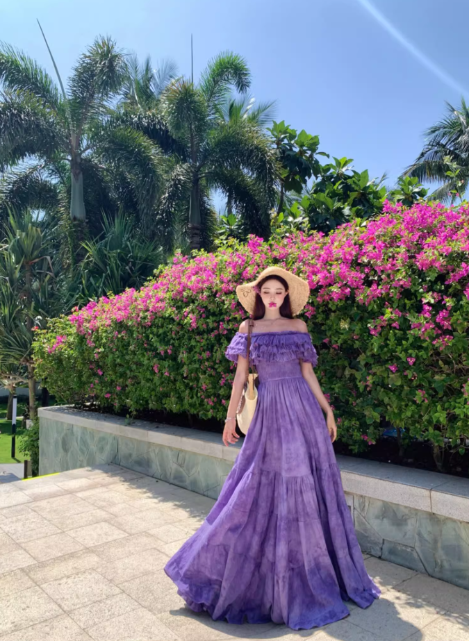 French Style Off-Shoulder Beach Vacations Maxi Dresses Dramatic Purple Tie-Dye Tiered Ruffles Long Dress AP3355