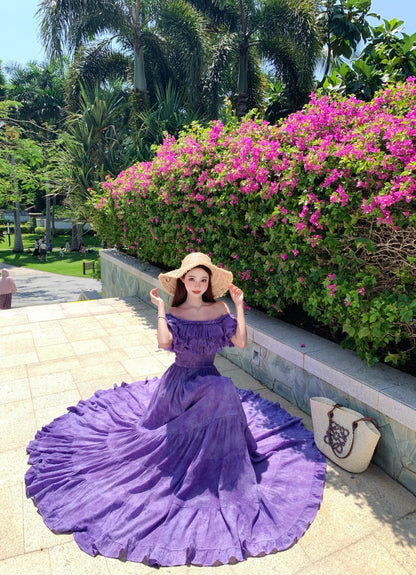 French Style Off-Shoulder Beach Vacations Maxi Dresses Dramatic Purple Tie-Dye Tiered Ruffles Long Dress AP3355