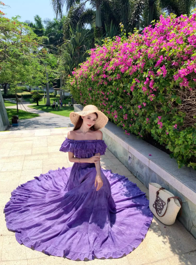 French Style Off-Shoulder Beach Vacations Maxi Dresses Dramatic Purple Tie-Dye Tiered Ruffles Long Dress AP3355