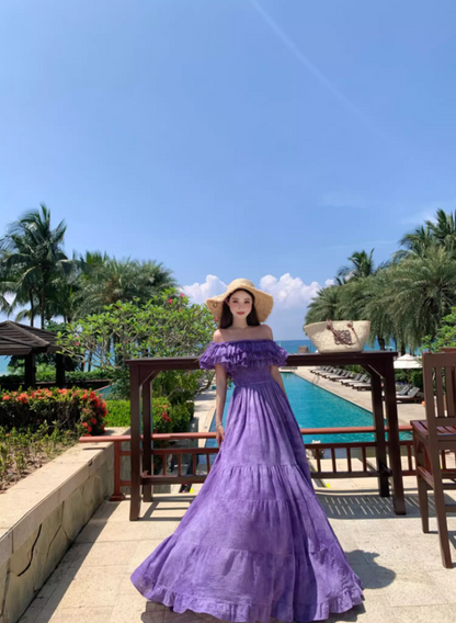 French Style Off-Shoulder Beach Vacations Maxi Dresses Dramatic Purple Tie-Dye Tiered Ruffles Long Dress AP3355