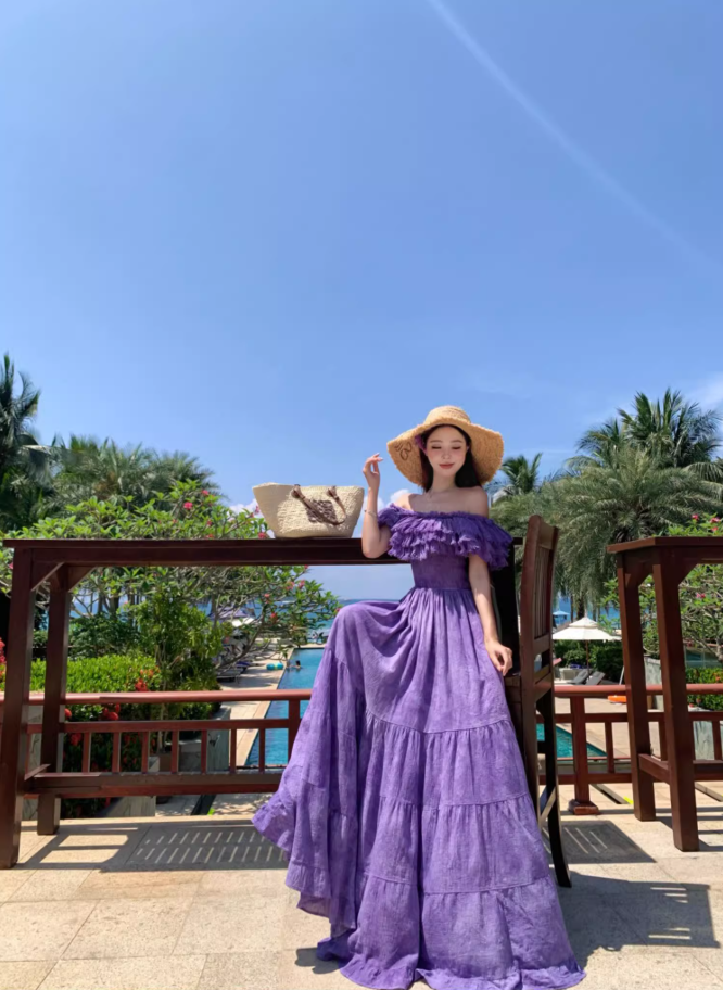 French Style Off-Shoulder Beach Vacations Maxi Dresses Dramatic Purple Tie-Dye Tiered Ruffles Long Dress AP3355