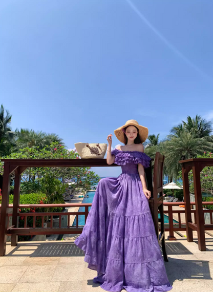 French Style Off-Shoulder Beach Vacations Maxi Dresses Dramatic Purple Tie-Dye Tiered Ruffles Long Dress AP3355