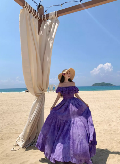 French Style Off-Shoulder Beach Vacations Maxi Dresses Dramatic Purple Tie-Dye Tiered Ruffles Long Dress AP3355