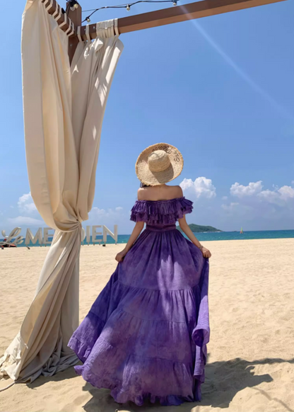 French Style Off-Shoulder Beach Vacations Maxi Dresses Dramatic Purple Tie-Dye Tiered Ruffles Long Dress AP3355