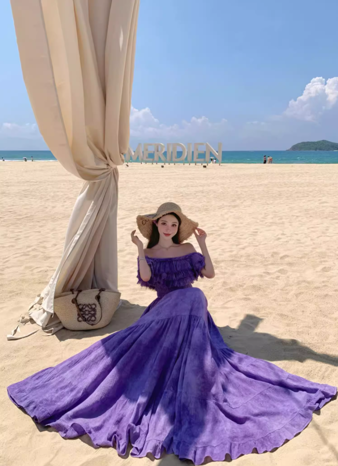 French Style Off-Shoulder Beach Vacations Maxi Dresses Dramatic Purple Tie-Dye Tiered Ruffles Long Dress AP3355
