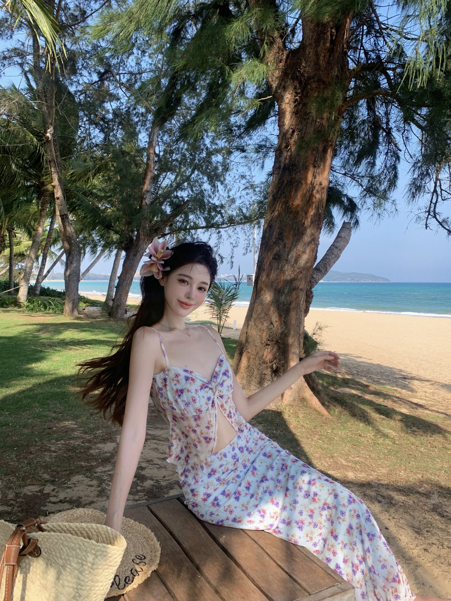 Novelty Spaghetti Strap Sheath Seaside Maxi Dress Fashionable Floral Print Slit Open Waist Long Dress AP3356