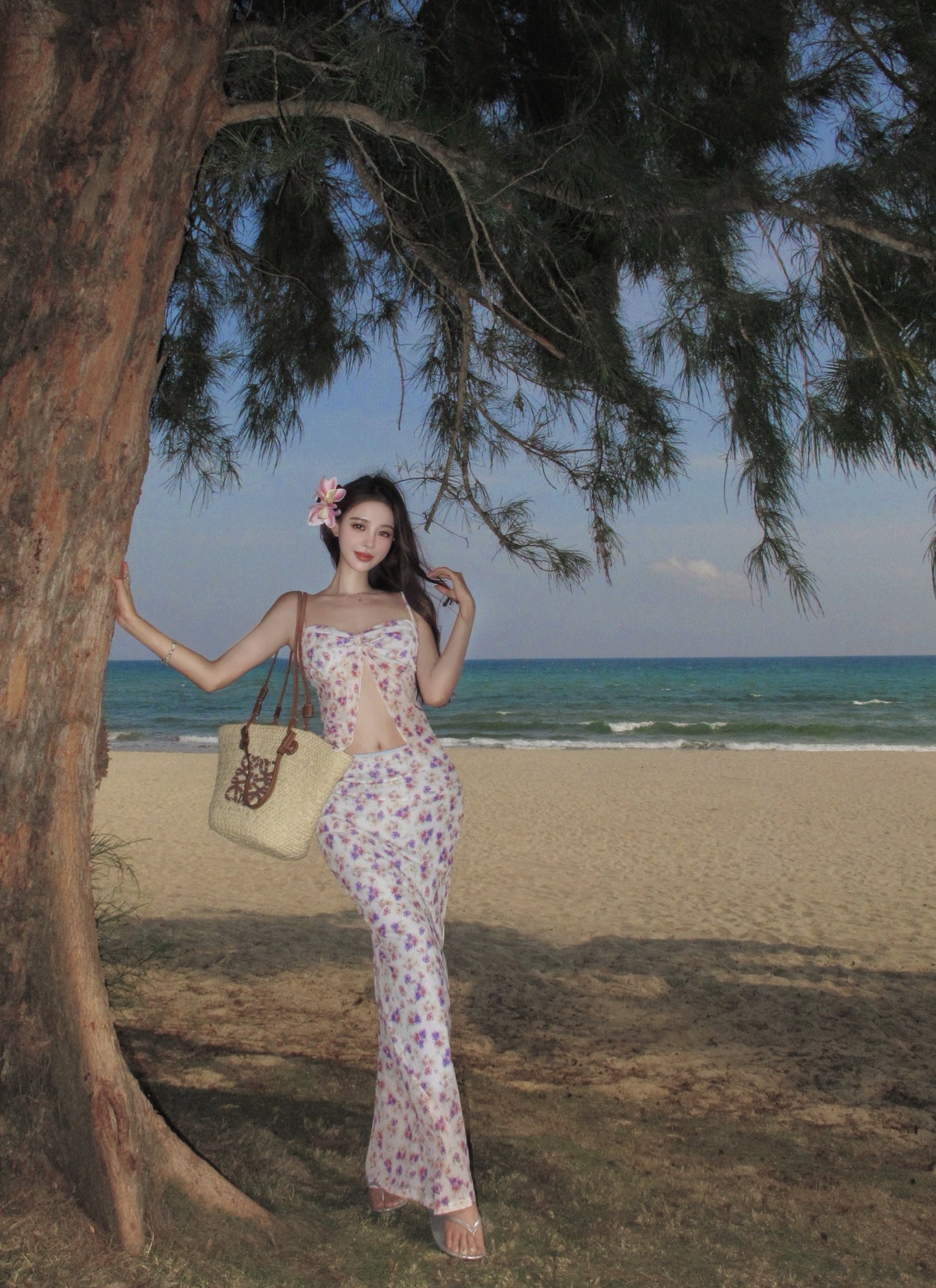 Novelty Spaghetti Strap Sheath Seaside Maxi Dress Fashionable Floral Print Slit Open Waist Long Dress AP3356