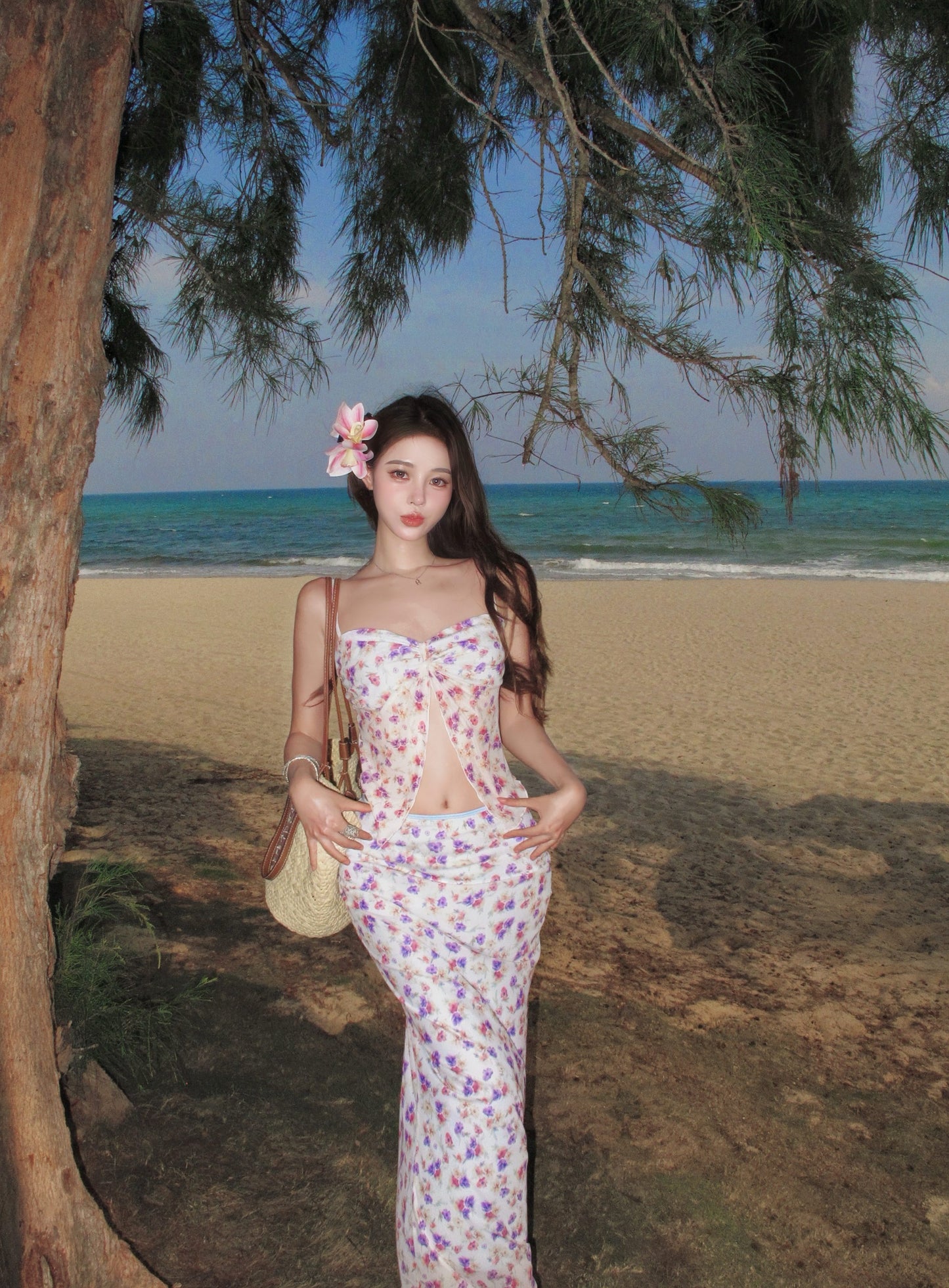 Novelty Spaghetti Strap Sheath Seaside Maxi Dress Fashionable Floral Print Slit Open Waist Long Dress AP3356