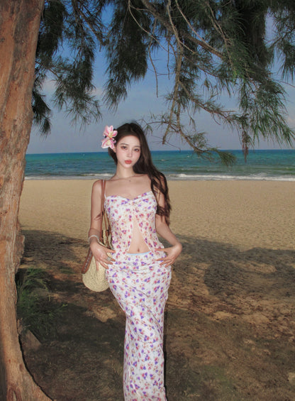 Novelty Spaghetti Strap Sheath Seaside Maxi Dress Fashionable Floral Print Slit Open Waist Long Dress AP3356