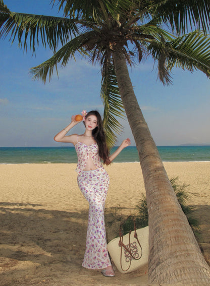 Novelty Spaghetti Strap Sheath Seaside Maxi Dress Fashionable Floral Print Slit Open Waist Long Dress AP3356