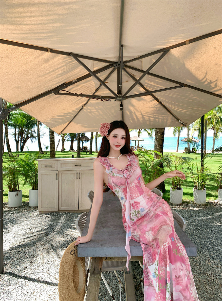 Unique Mermaid V-Neck Ruffles Maxi Dresses Novelty 3D Floral Abstract Pattern Print Long Dress AP3357