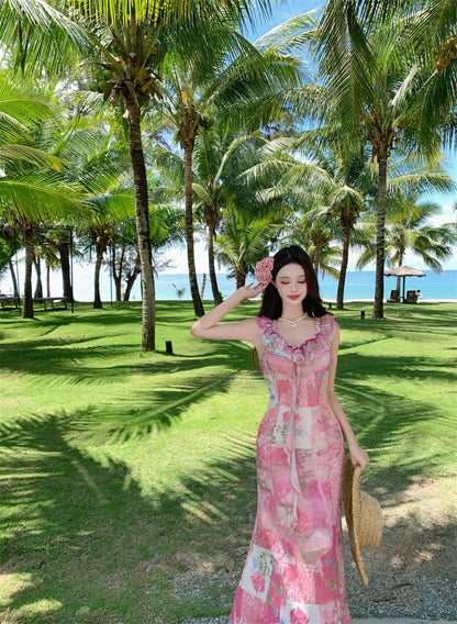 Unique Mermaid V-Neck Ruffles Maxi Dresses Novelty 3D Floral Abstract Pattern Print Long Dress AP3357