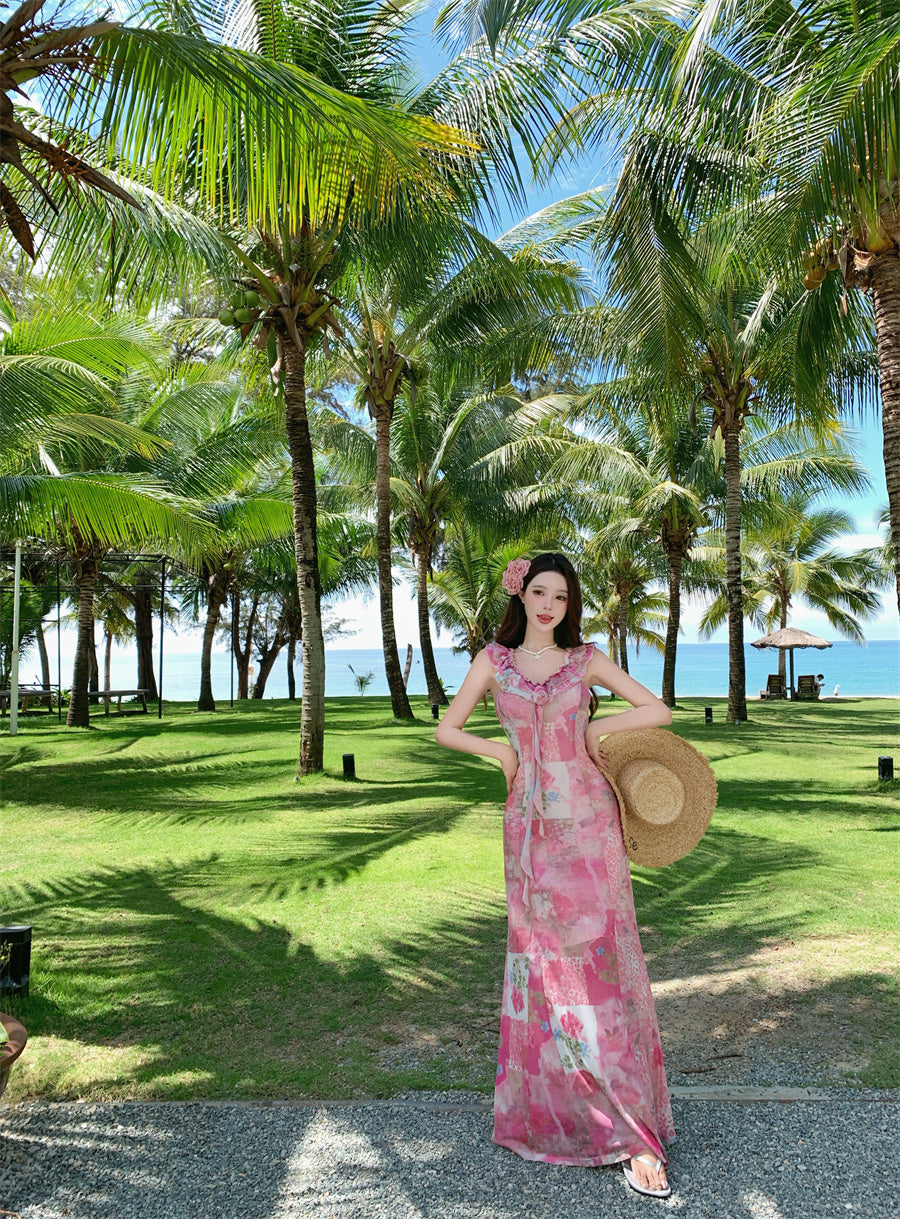 Unique Mermaid V-Neck Ruffles Maxi Dresses Novelty 3D Floral Abstract Pattern Print Long Dress AP3357