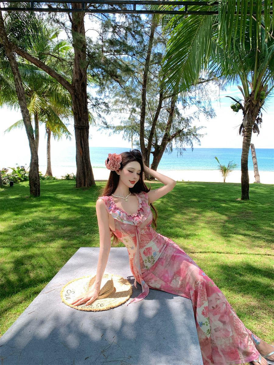 Unique Mermaid V-Neck Ruffles Maxi Dresses Novelty 3D Floral Abstract Pattern Print Long Dress AP3357