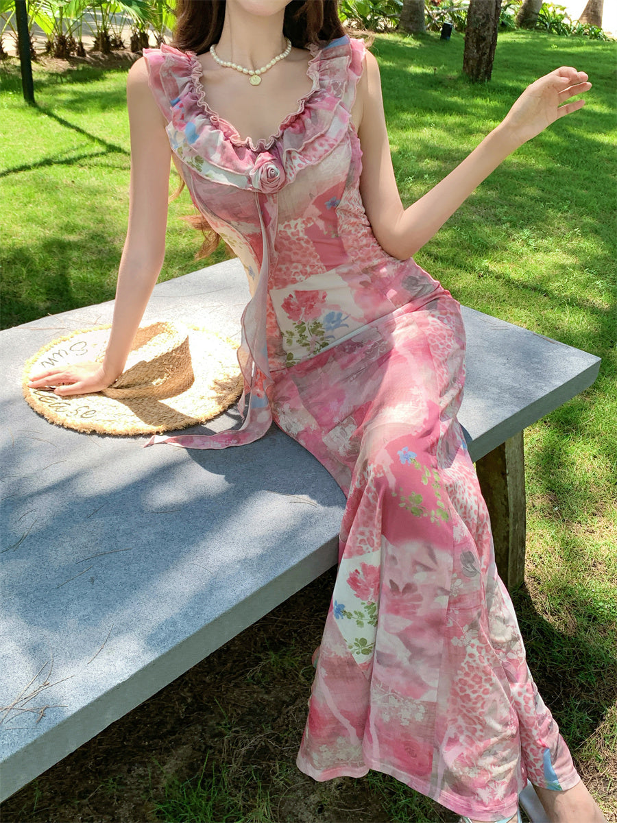 Unique Mermaid V-Neck Ruffles Maxi Dresses Novelty 3D Floral Abstract Pattern Print Long Dress AP3357