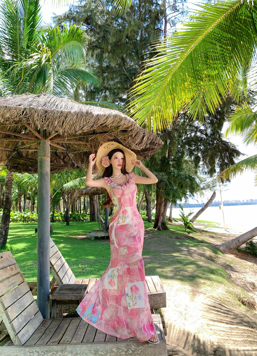 Unique Mermaid V-Neck Ruffles Maxi Dresses Novelty 3D Floral Abstract Pattern Print Long Dress AP3357