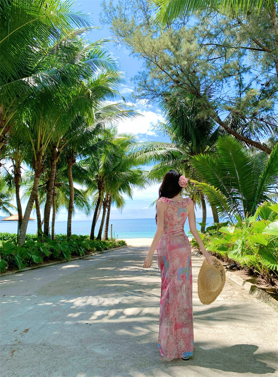 Unique Mermaid V-Neck Ruffles Maxi Dresses Novelty 3D Floral Abstract Pattern Print Long Dress AP3357