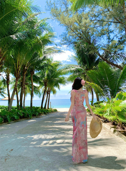 Unique Mermaid V-Neck Ruffles Maxi Dresses Novelty 3D Floral Abstract Pattern Print Long Dress AP3357