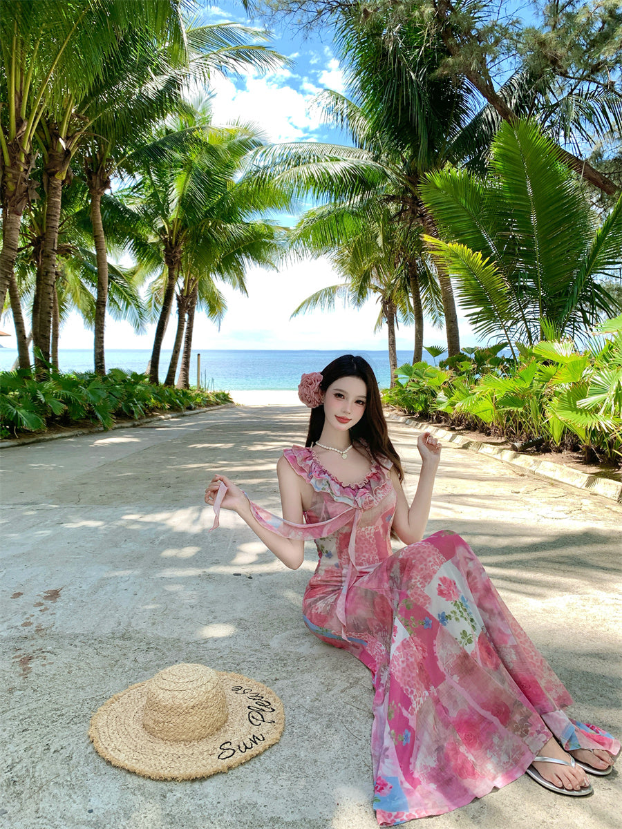 Unique Mermaid V-Neck Ruffles Maxi Dresses Novelty 3D Floral Abstract Pattern Print Long Dress AP3357