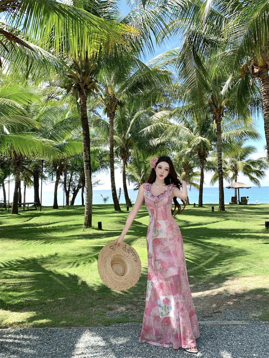 Unique Mermaid V-Neck Ruffles Maxi Dresses Novelty 3D Floral Abstract Pattern Print Long Dress AP3357