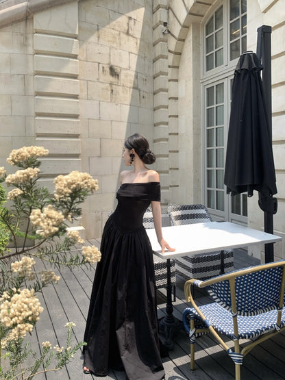 Minimalist Off-Shoulder Beach Vacations Maxi Dresses Simple A-Line Black Cinched-Waist Long Dress AP3358