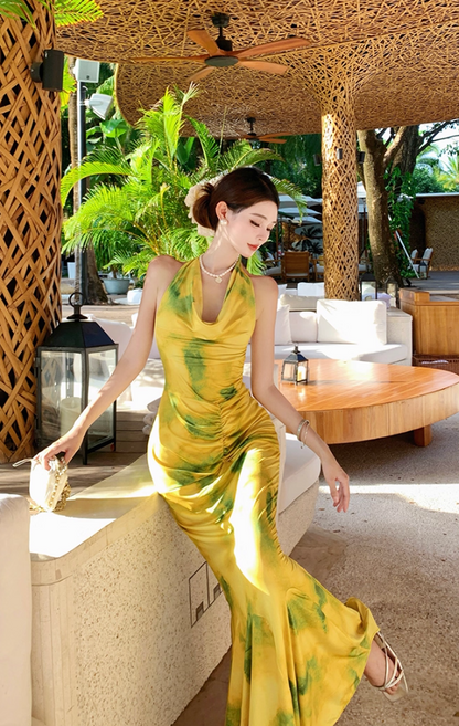 Dramatic Mermaid Halter Neck Maxi Dress Simple Backless Ruched Color-Block Long Dress AP3359