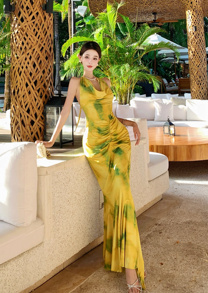 Dramatic Mermaid Halter Neck Maxi Dress Simple Backless Ruched Color-Block Long Dress AP3359