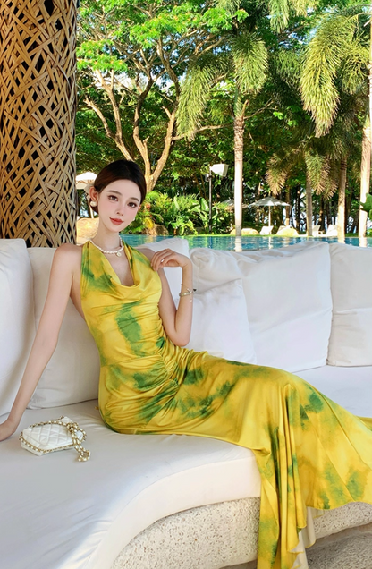 Dramatic Mermaid Halter Neck Maxi Dress Simple Backless Ruched Color-Block Long Dress AP3359