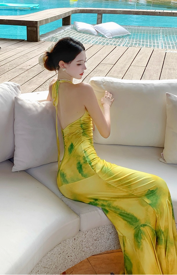 Dramatic Mermaid Halter Neck Maxi Dress Simple Backless Ruched Color-Block Long Dress AP3359