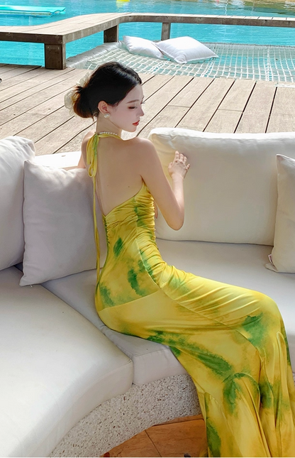 Dramatic Mermaid Halter Neck Maxi Dress Simple Backless Ruched Color-Block Long Dress AP3359