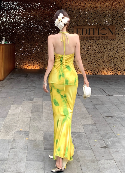 Dramatic Mermaid Halter Neck Maxi Dress Simple Backless Ruched Color-Block Long Dress AP3359