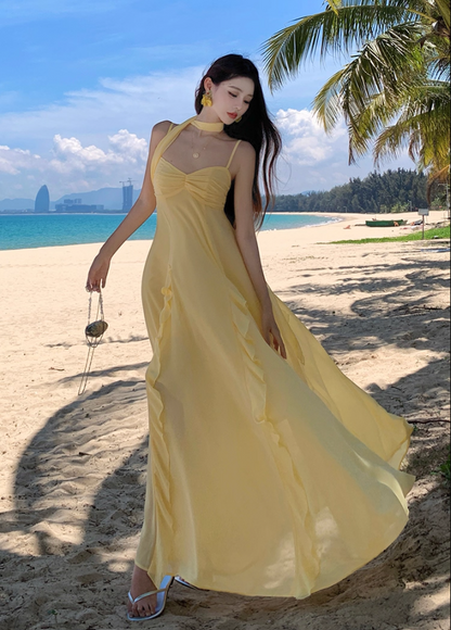 Glamorous Spaghetti Strap A-Line Maxi Dress With Sash Charming Yellow Ruffles Trimmed Long Dress AP3360